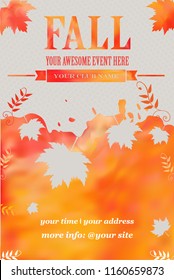 Vector Illustration. Bright Red Autumn Watercolor Event Template With Element Of Grass And Leaves. Grunge Vector EPS 10 Illustration. Fall Season Design Template. Fall Background Template. 