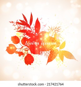 Vector illustration. Bright red autumn watercolor background with element of grass and leaves