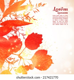 Vector illustration. Bright red autumn watercolor background with element of grass and leaves