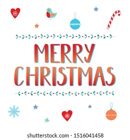 Vector illustration, bright red and blue hand drawn lettering Merry Christmas and X-mas pattern of snowflake, Christmas ball, bird, berries, mistletoe, peppermint candy cane and stars.
