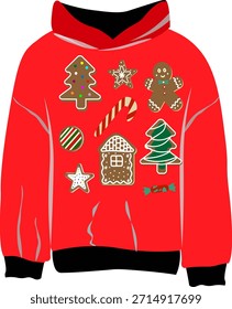 Vector illustration of a bright red Christmas or "Ugly Sweater" hoodie decorated with various gingerbread cookie shapes, including a Christmas tree, star, gingerbread man, and candy cane.