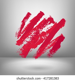 Vector illustration of bright red circle painted by dry brush. Hand drawn shape. Grey background. Soft shadow, Textured element. Diagonal strokes. Red lines.