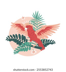 Vector illustration with bright red cockatoo parrot on a round pink background with tropical leaves. Cute character on a branch with spread wings. Flat cartoon style. Isolated background.