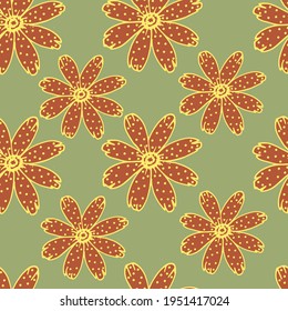 vector illustration bright red flowers with yellow polka dots on a dark green background,seamless pattern