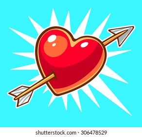 Vector illustration of bright red heart pierced by an arrow on blue background. Hand draw line art design for web, site, advertising, banner, poster, board and print.