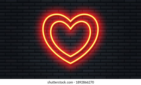 Vector illustration bright red neon heart isolated on dark brick wall background. Realistic retro neon heart sign for Happy Valentines Day. Romantic design element for greeting card and banner.