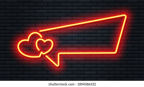 Vector illustration bright red neon heart isolated on dark brick wall background. Realistic retro neon heart sign for Happy Valentines Day. Romantic design element for greeting card and banner.