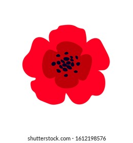 Vector illustration of a bright red poppy flower isolated on white background. Symbol of International Day of Remembrance.  Anzac day symbol.   Vector illustration.