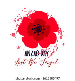 Vector illustration of a bright red poppy flower. Symbol of International Day of Remembrance.  Anzac day symbol. Lest we forget text. Isolated on white background. 