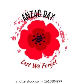 Vector illustration of a bright red poppy flower. Symbol of International Day of Remembrance. Anzac day concept. Lest we forget text. Isolated on white background. 