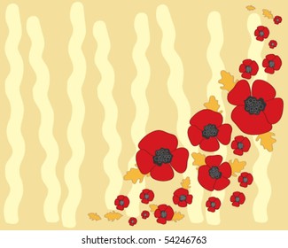 vector illustration of bright red poppy flowers on a two tone ochre background pattern of vertical wavy lines