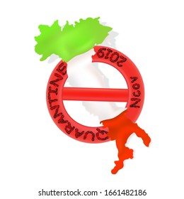 Vector illustration of a bright red stop sign with the inscription Quarantine Coronovirus with a map of Italy. The concept of Italy has stepped into the quarantine zone.