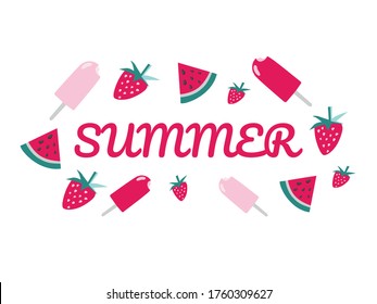 Ilustración vectorial con signo de verano rojo brillante y diferentes frutas y helados