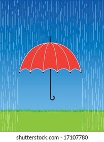 A vector illustration of a bright red umbrella in a fierce rain storm.