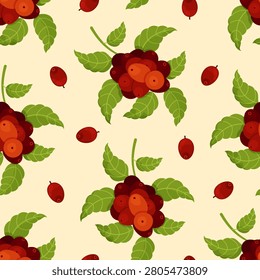 Vector illustration with a bright repeating pattern of coffee berries and leaves from above, on an abstract background. Food and drink themes.