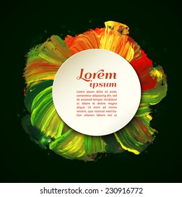 Vector illustration. Bright round blot with paper sticker for your design on a dark background. Isolated.