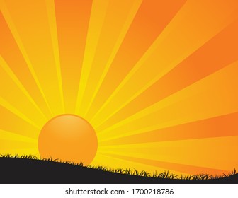 A vector illustration of a bright round sun rising over a black silhouette of a grassy hill