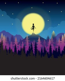 Vector illustration of a bright saturated natural evening night landscape a girl is engaged in yoga and meditation on a mountain against the backdrop of a large bright moon