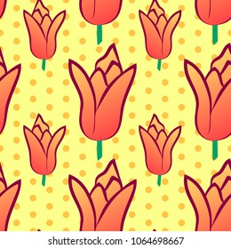 Vector illustration, bright seamless floral pattern in vintage style, beautiful cartoon red tulip flowers on yellow dotted background