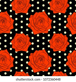 Vector illustration, bright seamless floral pattern in vintage style, beautiful cartoon red rose flowers on black dotted background