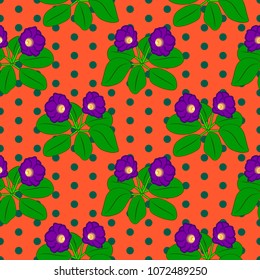 Vector illustration, bright seamless floral pattern in vintage style, beautiful cartoon purple gloxinia flowers on red dotted background