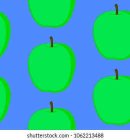 Vector illustration, bright seamless pattern, beautiful cartoon green apples in sketch style on blue background