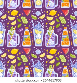 Ilustração vetorial, padrão brilhante sem emenda de limonadas refrescantes com cubos de gelo e ingredientes como limão, morango, melancia, pepino, mirtilo. Refrigerante de laranja, perfeito para um clima de verão.