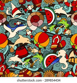 Vector illustration. Bright vector seamless pattern with elements of hand drawn doodles on the theme of summer holiday with marine details.