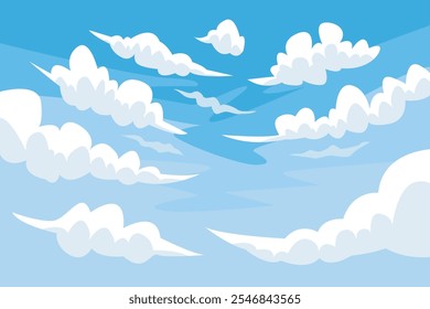 Vector Illustration of bright sky clouds in flat style. Cloudy vector cartoon illustration in blue color. Nature abstract wallpaper.