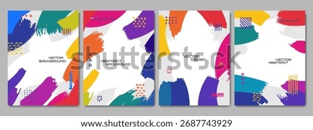 Vector illustration. Bright smears background. Paint brush strokes border. Trendy abstract color design for book cover, brochure, magazine, poster, flyer, photo frame. Colorful rainbow childish style