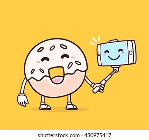 Vector illustration of bright smile donut with phone making selfie on yellow background. Selfie cartoon donut concept. Doodle style. Thin line art flat design of character donut for mobile selfie