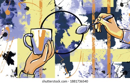 Vector illustration. Bright spots and blots. Arms. Cafe. Cup. A cup of coffee. The spoon. Diner. Drinks design. Vector. Conversation over a cup of tea. Lines, contours, grunge.