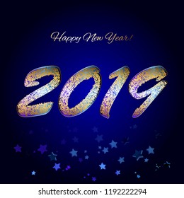 Vector illustration of Bright stars on a colored background. Golden stars on a blue background. New Year 2019