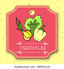 Vector illustration. Bright sticker with hand draw vegetables and inscription