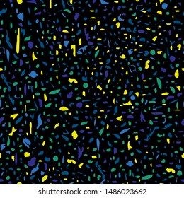 Vector illustration of bright stylized paint splatter on black background. Seamless pattern for textile, gifts, wallpaper and scrapbooking.