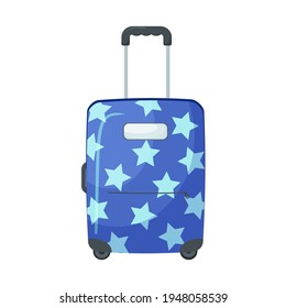 Vector illustration of a bright suitcase. Baggage with stars in cartoon style. Isolated on a white background. Blue luggage for travel


