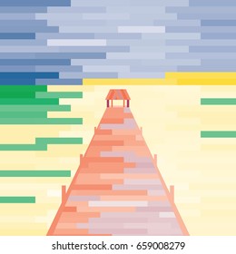 vector illustration of bright  summer background with ocean view bungalow and wooden dock in a sunny day