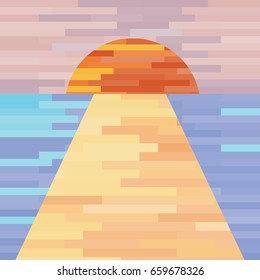 vector illustration of bright summer background with sunset view bungalow and shimmering water in mosaic tiles style