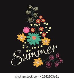 Vector illustration with bright summer flowers on a dark background.