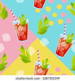 Vector illustration, bright summer seamless pattern with cocktail drinks, ice cubes and mint.