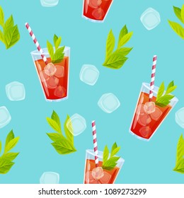Vector illustration, bright summer seamless pattern with cocktail drinks, ice cubes and mint.