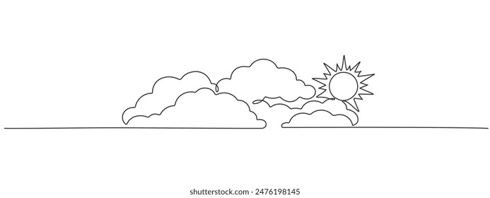 Vektorillustration der hellen Sommersonne mit Wolkenzeichnung mit einer durchgehenden Linie. Sunny Summer Wetter Single Line Design.