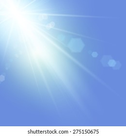 Vector illustration of bright summer sun with lens flare effect in blue sky for your design
