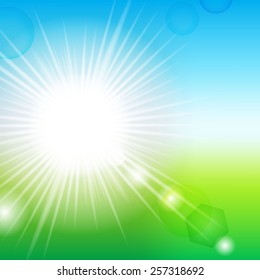 Vector illustration of a bright sun, green nature and blue sky.