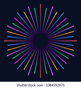 Vector Illustration bright sunburst colorful style. Firework explosion on black background star, rays of light for decoration, logo, festive poster, party.10 eps