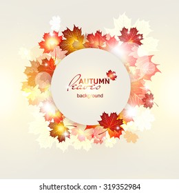 Vector illustration of bright Sunny autumn background with Golden leaves. Abstract background with natural maple leaves in round frames.