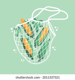 Ilustración vectorial de maíz dulce brillante en bolsa reutilizable de compras de comestibles