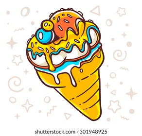 Vector illustration of bright tasty ice cream on white background with stars. Hand drawn line art design for web, site, advertising, banner, poster, board and print.  