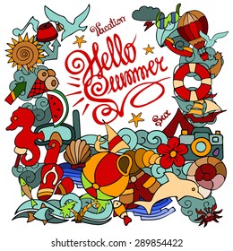 Vector illustration. Bright vector template with elements of hand drawn doodles on the theme of summer vacations with marine details. For greeting cards, web design, invitations.