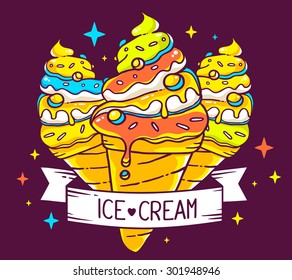 Vector illustration of bright three ice creams with ribbon and inscription ice cream on dark background. Hand drawn line art design for web, site, advertising, banner, poster, board and print.  